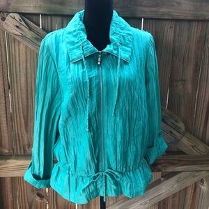 Ruby Rd Turquoise Blue Crinkle Nylon Funnel Neck  Full Zip Lightweight Jacket 12
